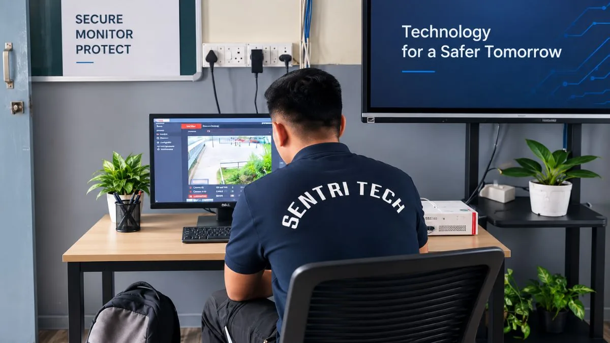 A Sentri technician watching live camera feeds at a monitoring desk