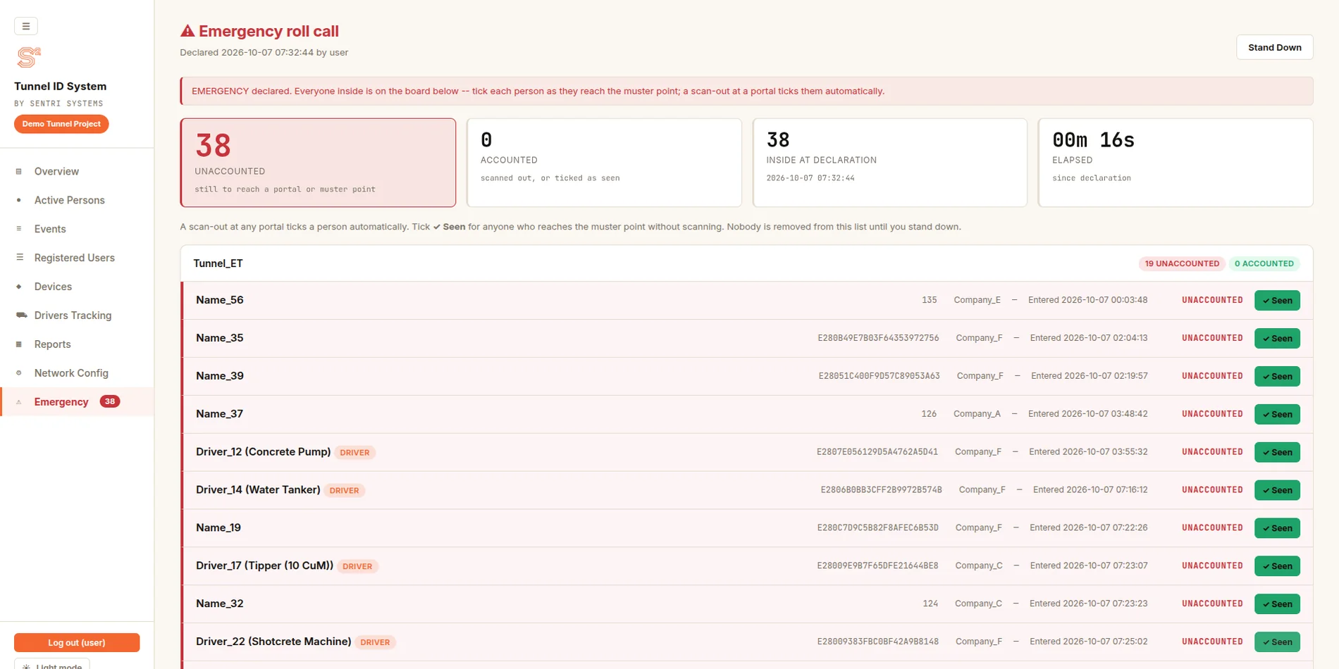 Tunnel ID System dashboard — emergency roll call screen