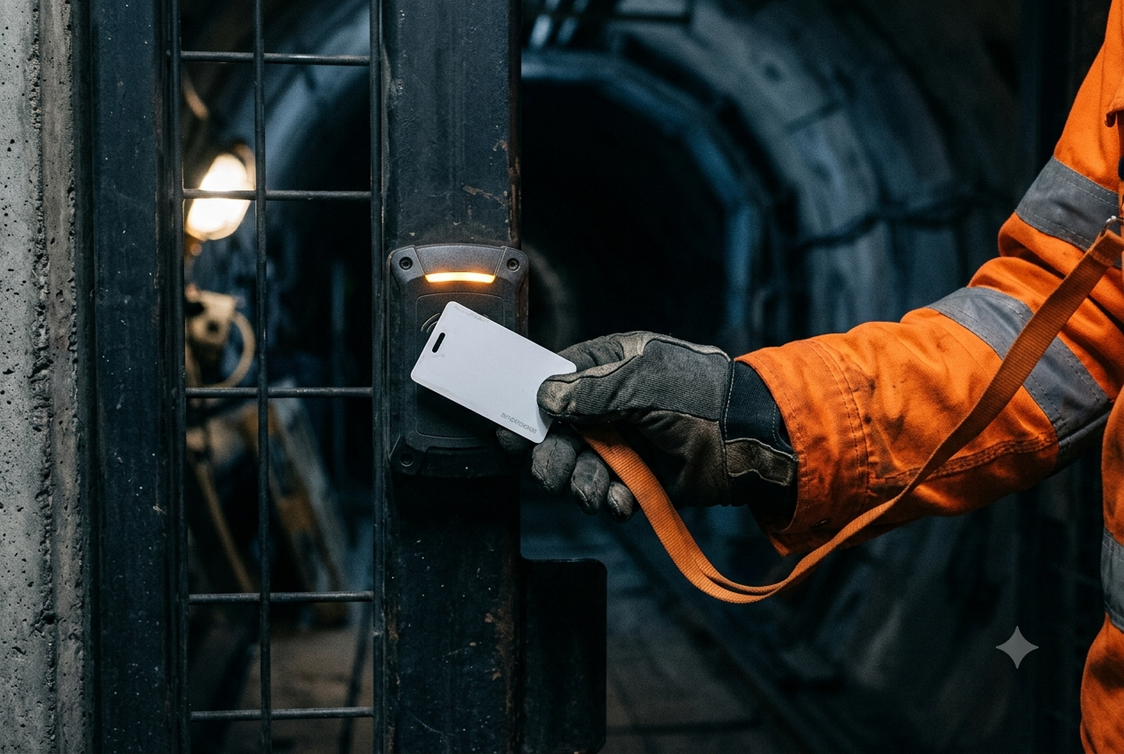Worker badging in with an access credential at a tunnel security checkpoint
