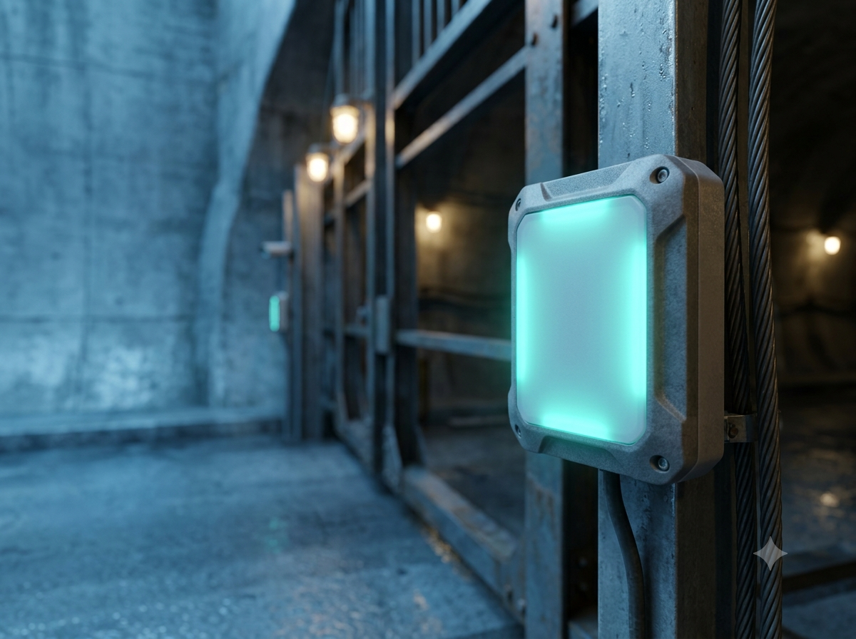 UHF/RFID reader panel glowing at a tunnel access gate.